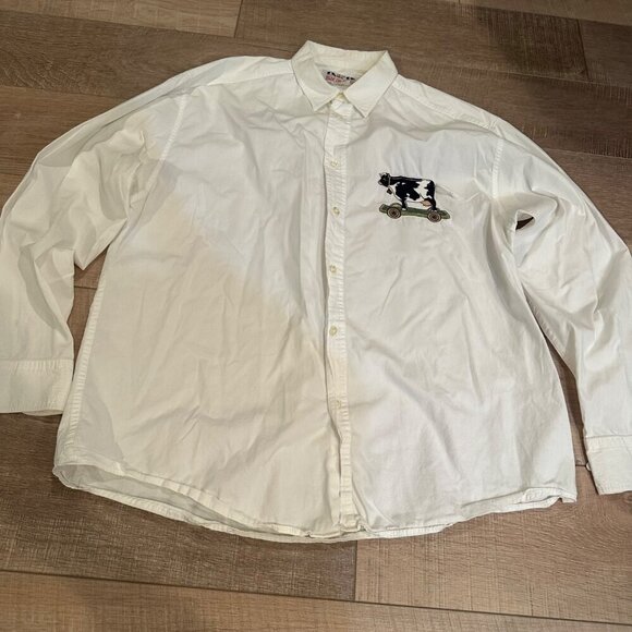 MISE AU GREEN WHITE LONG SLEEVE MENS BUTTON SHIRT EMBROIDERED COW LARGE - Picture 2 of 8